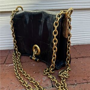 Vintage YSL Croc-Glossy Black Patent Leather Chain Shoulder Bag w Clasp Details